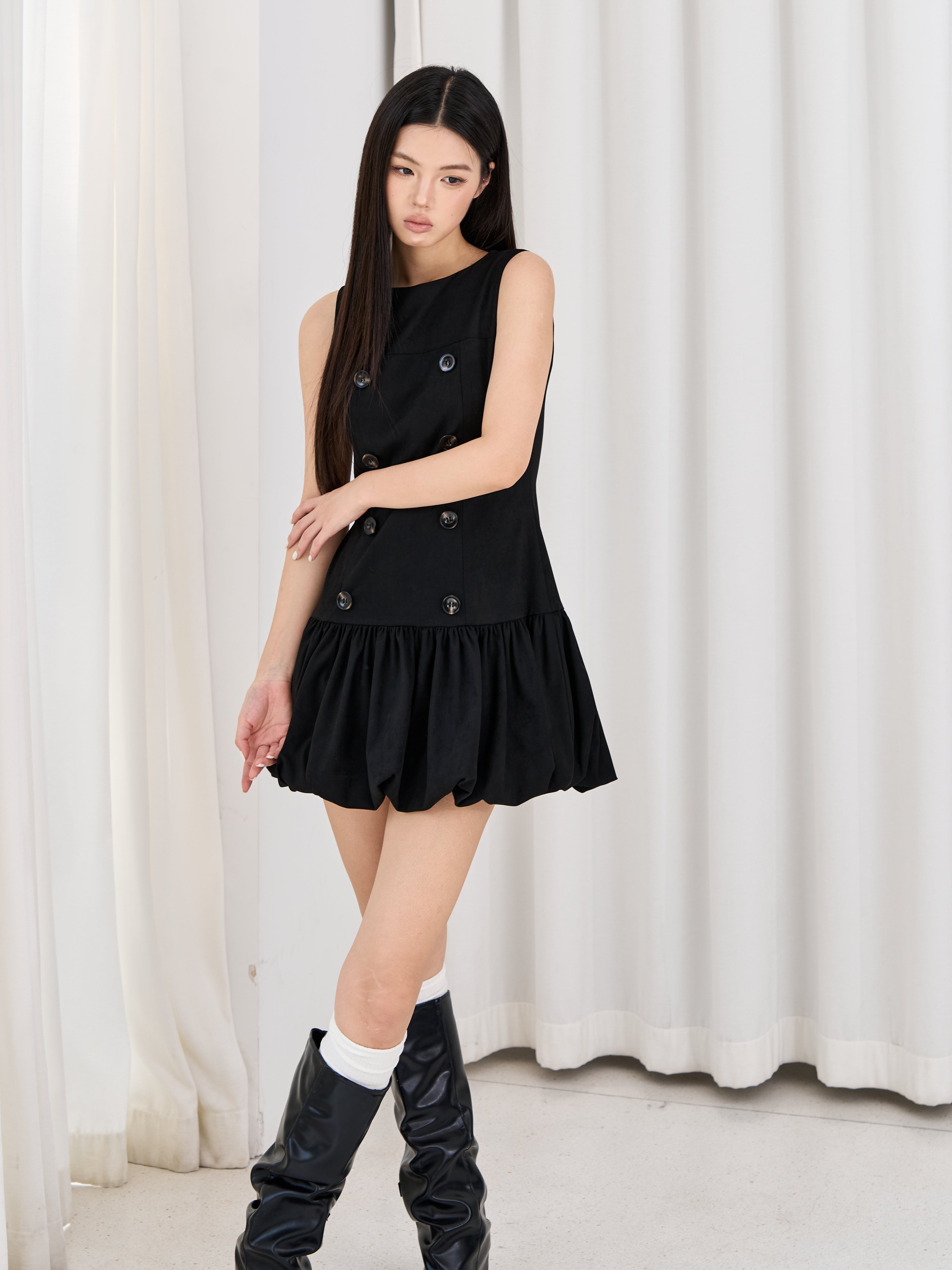 [40%] Double Button Balloon Hem Dress