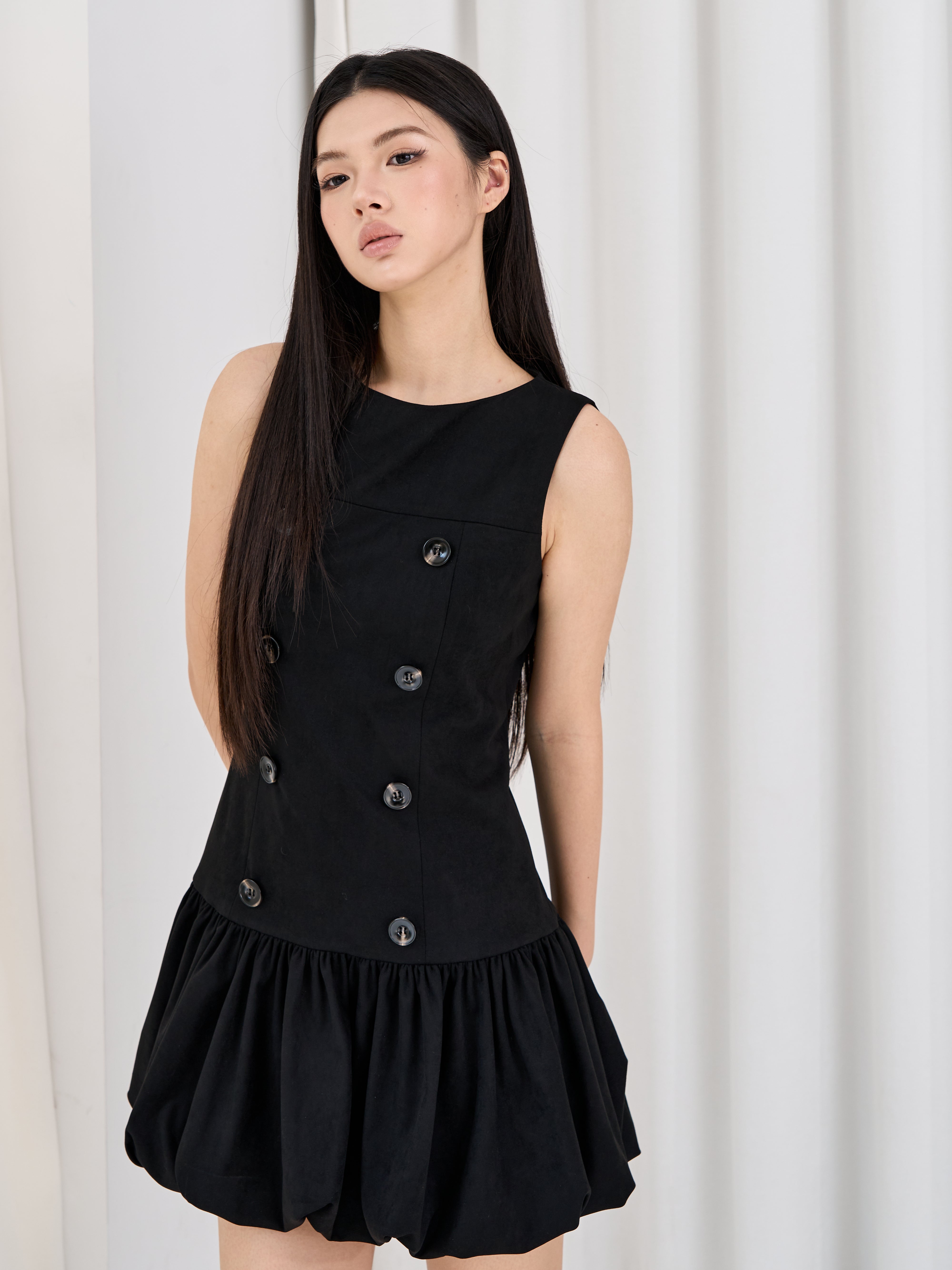 [40%] Double Button Balloon Hem Dress