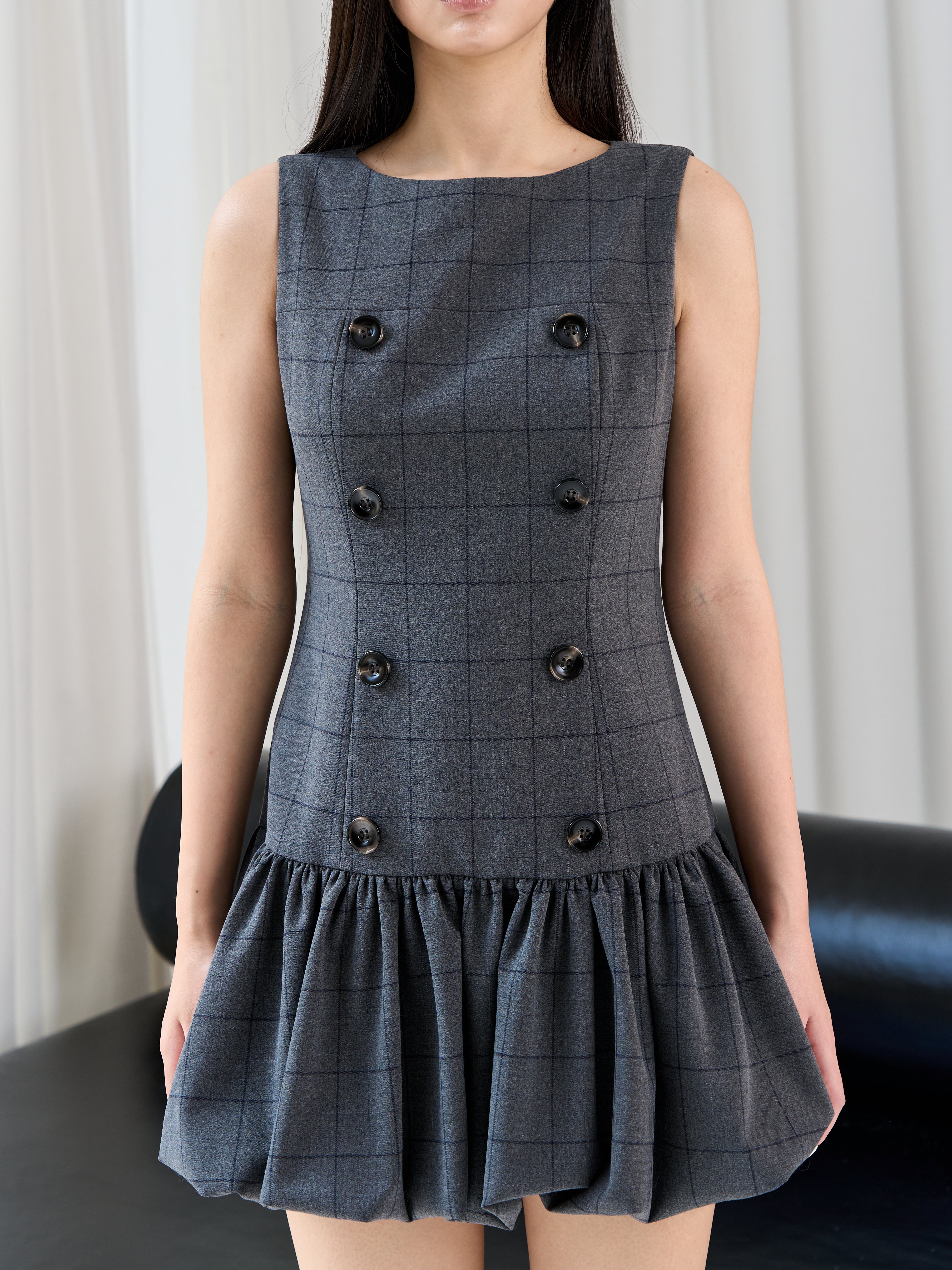 [40%] Double Button Balloon Hem Dress