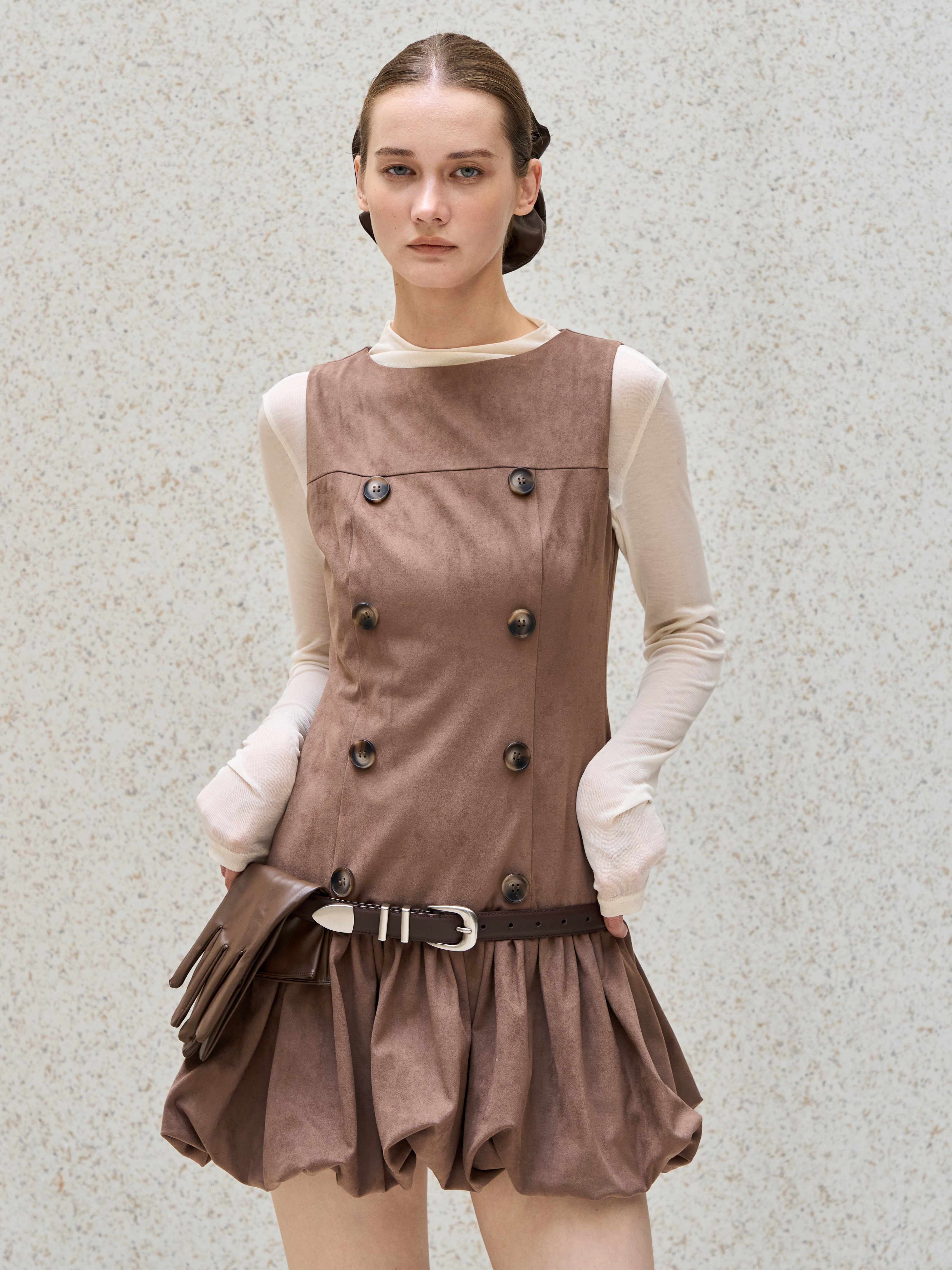 [40%] Double Button Balloon Hem Dress