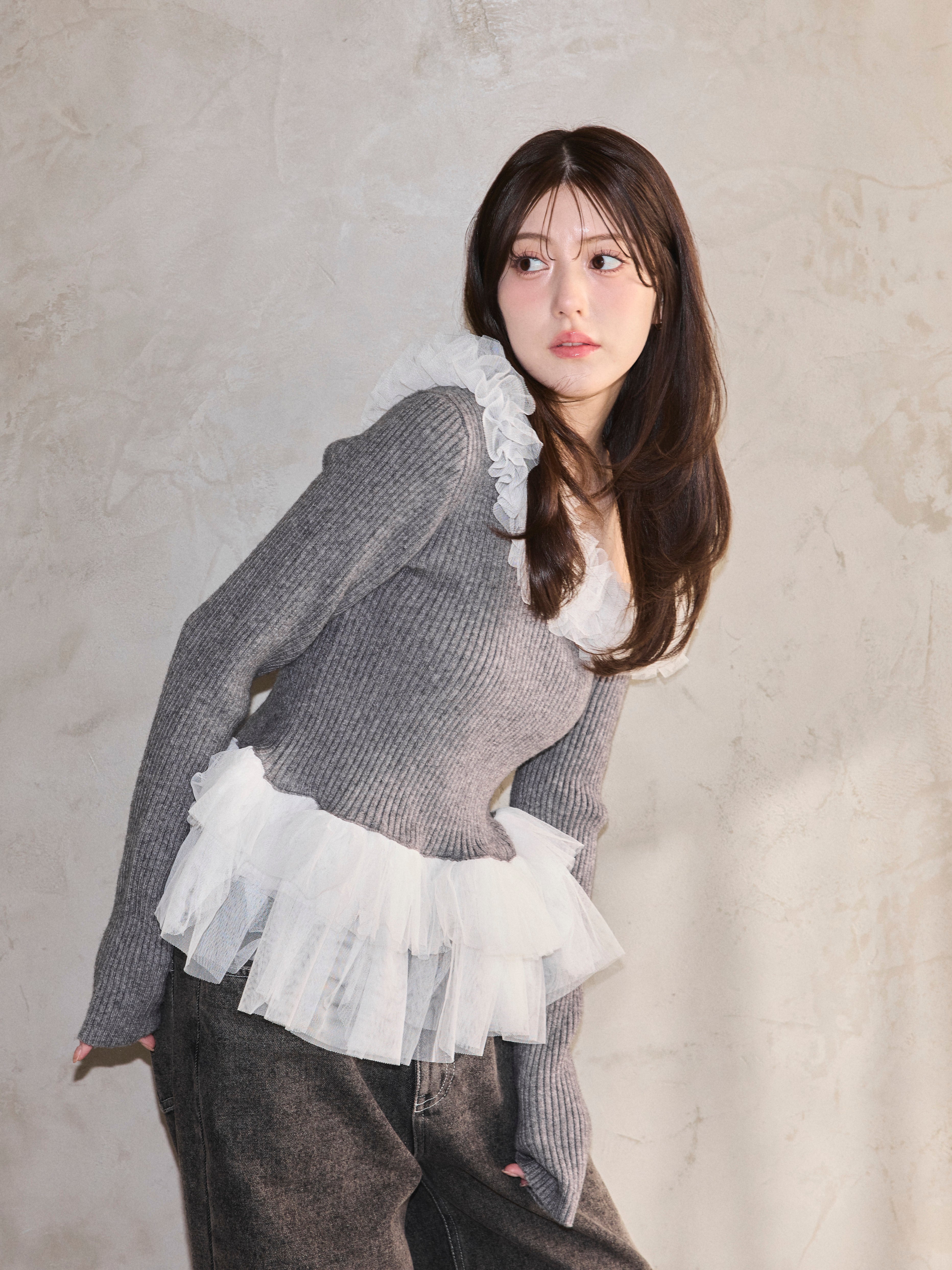 [40%] Asymmetry Tulle Knit Top　