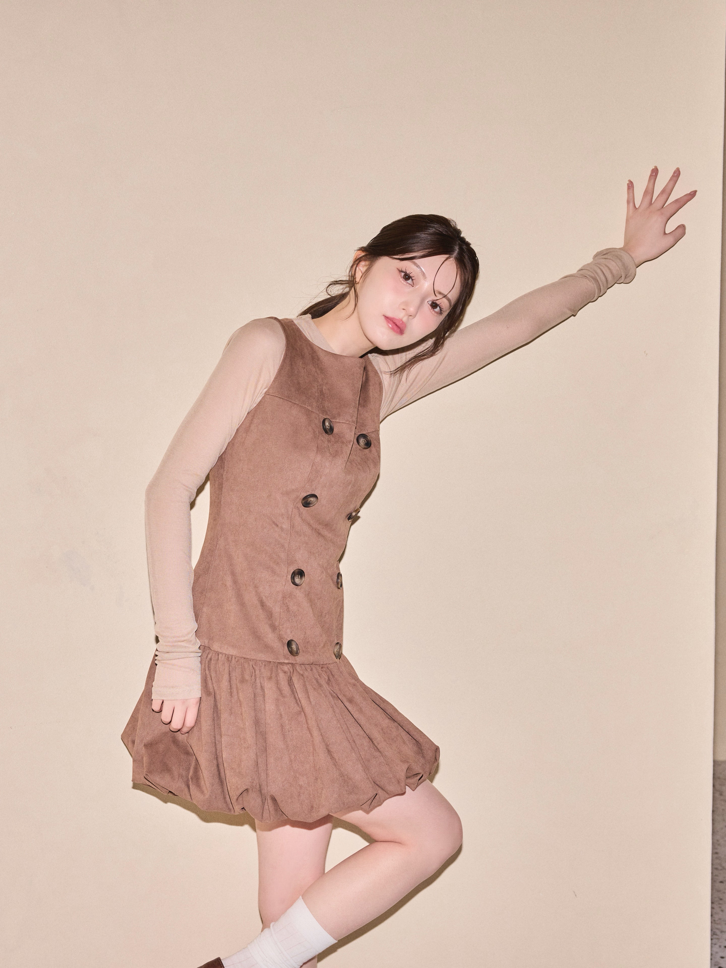 [40%] Double Button Balloon Hem Dress
