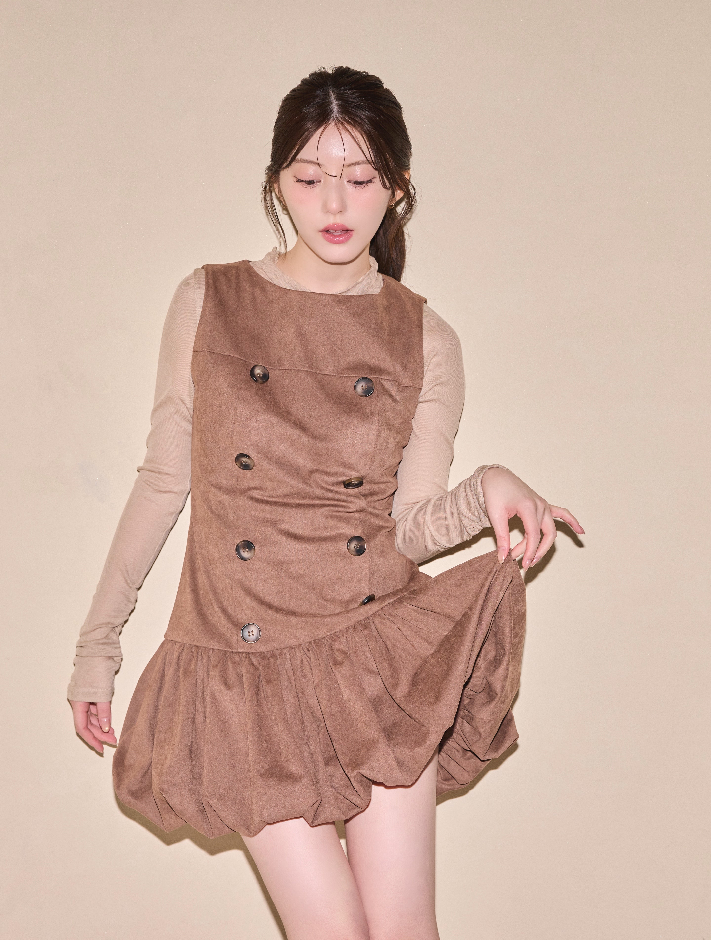 [40%] Double Button Balloon Hem Dress