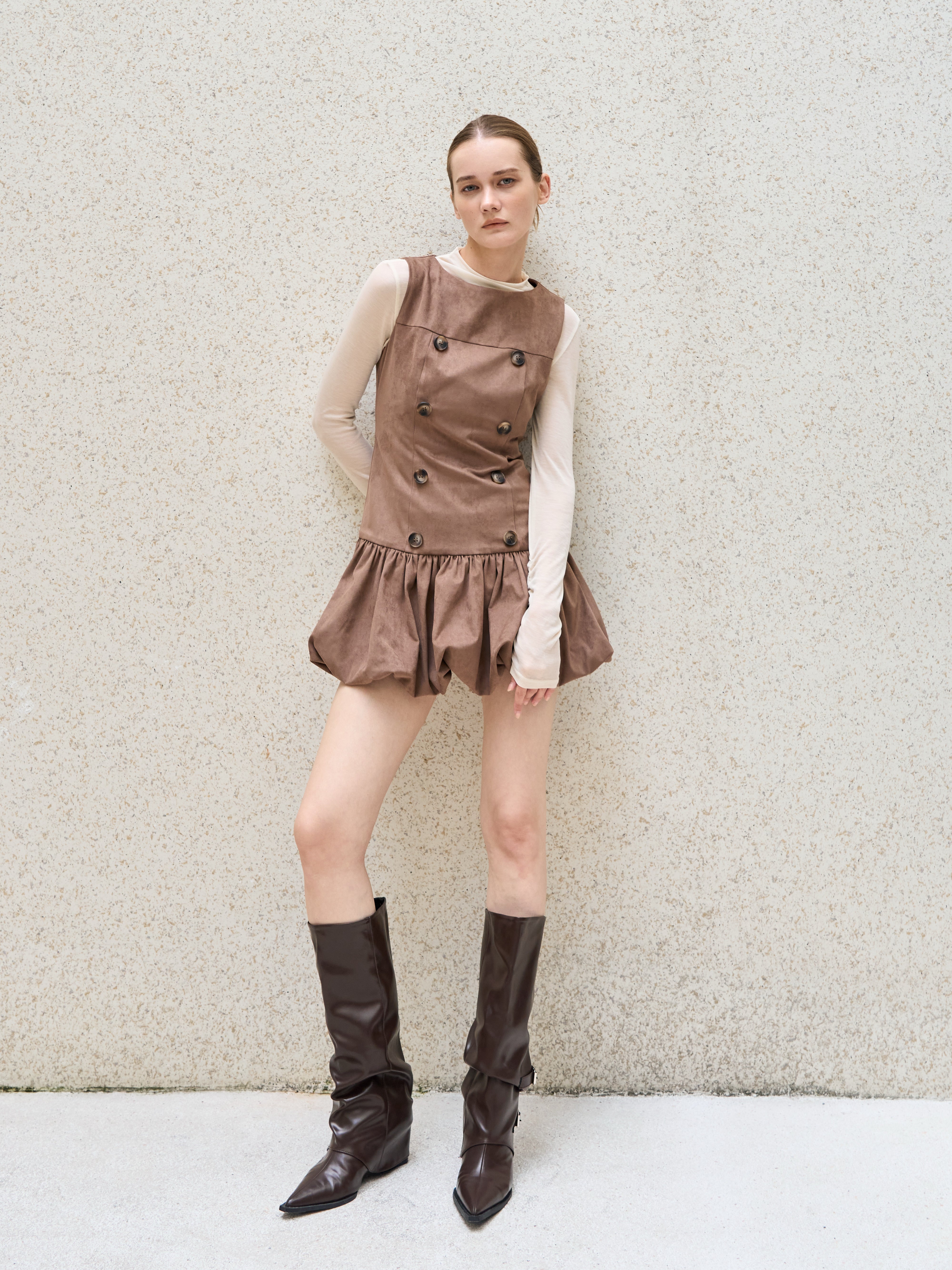 [40%] Double Button Balloon Hem Dress