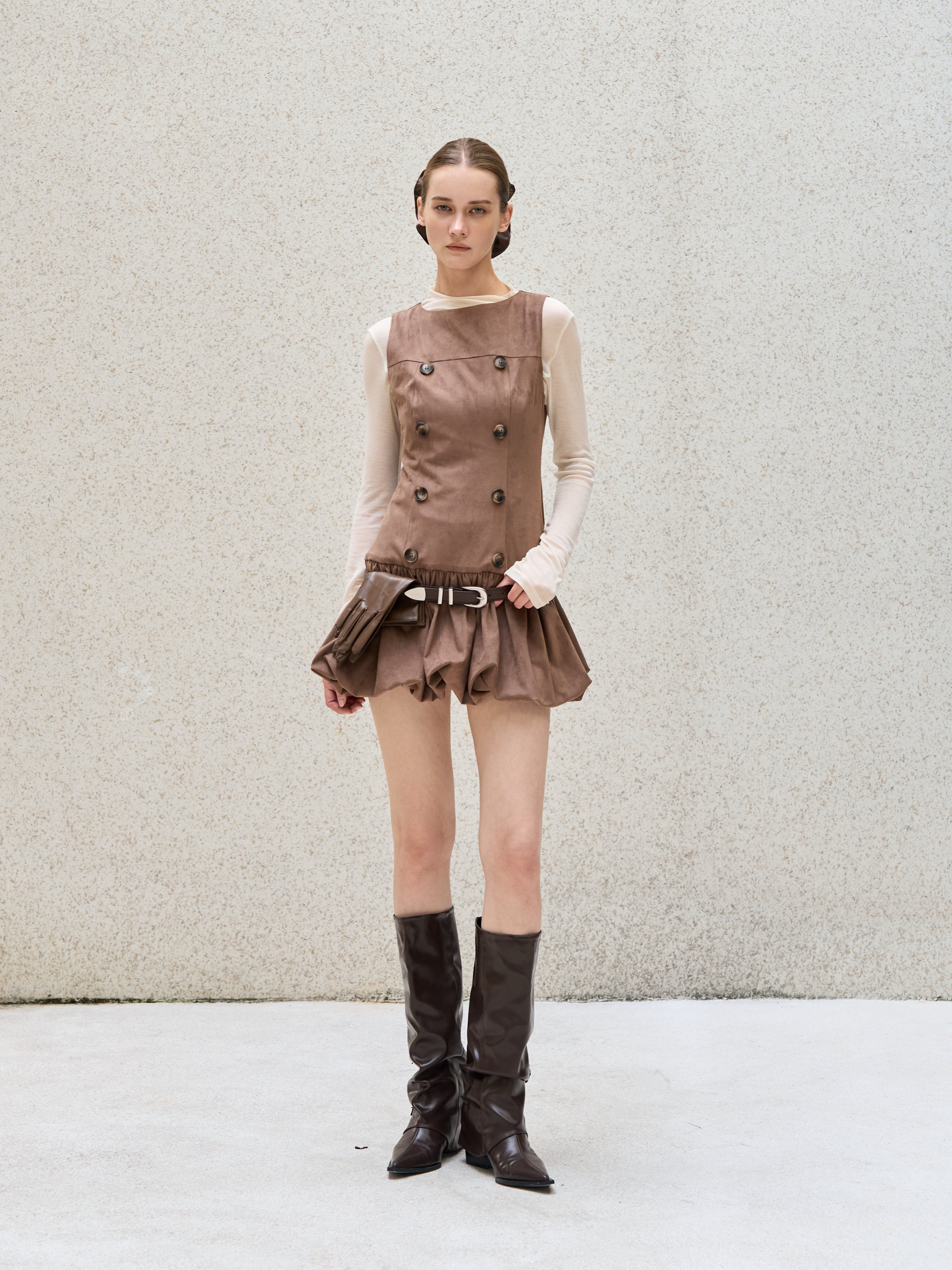 [40%] Double Button Balloon Hem Dress