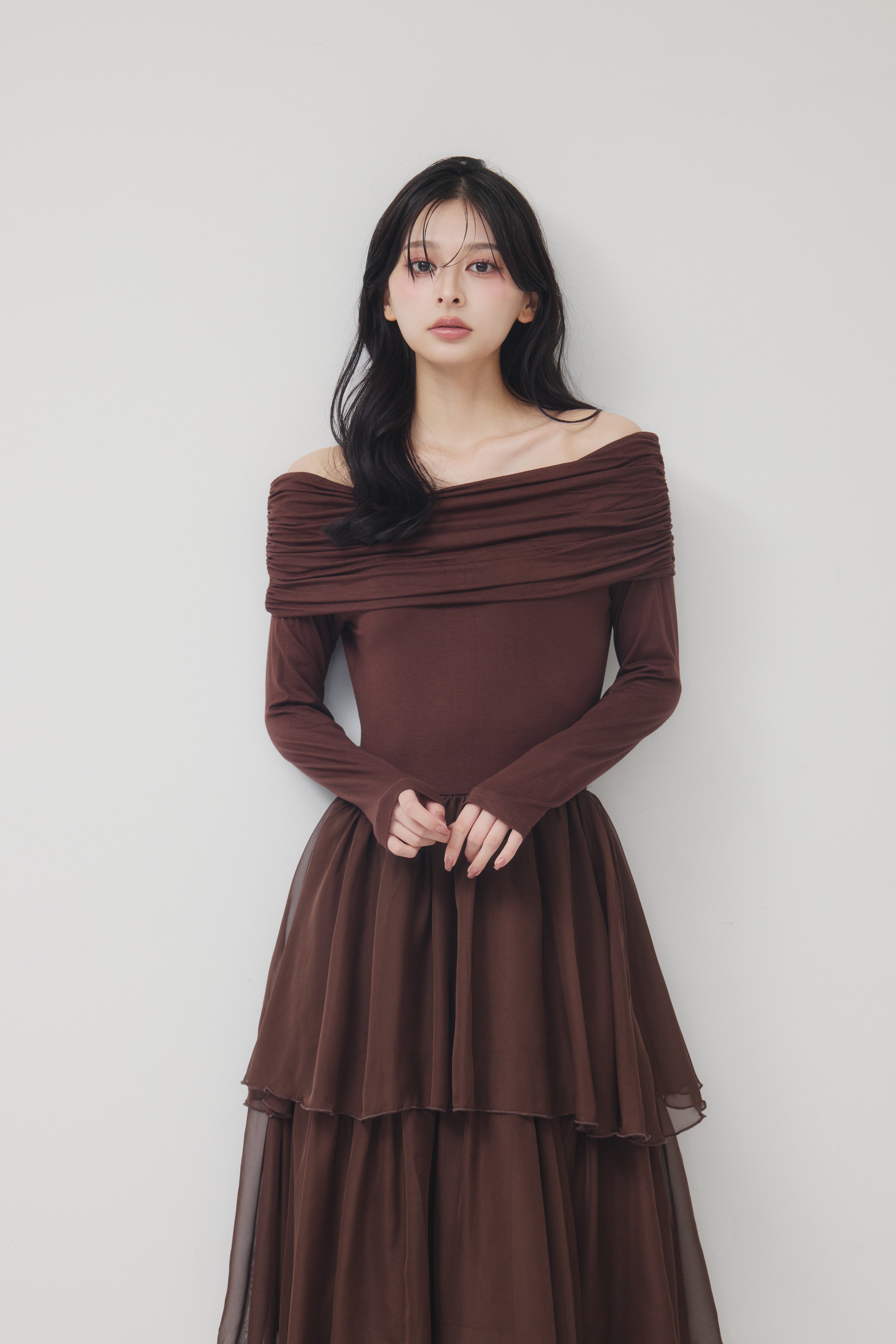 [40%] Draped Off Shoulder Tiered Dress