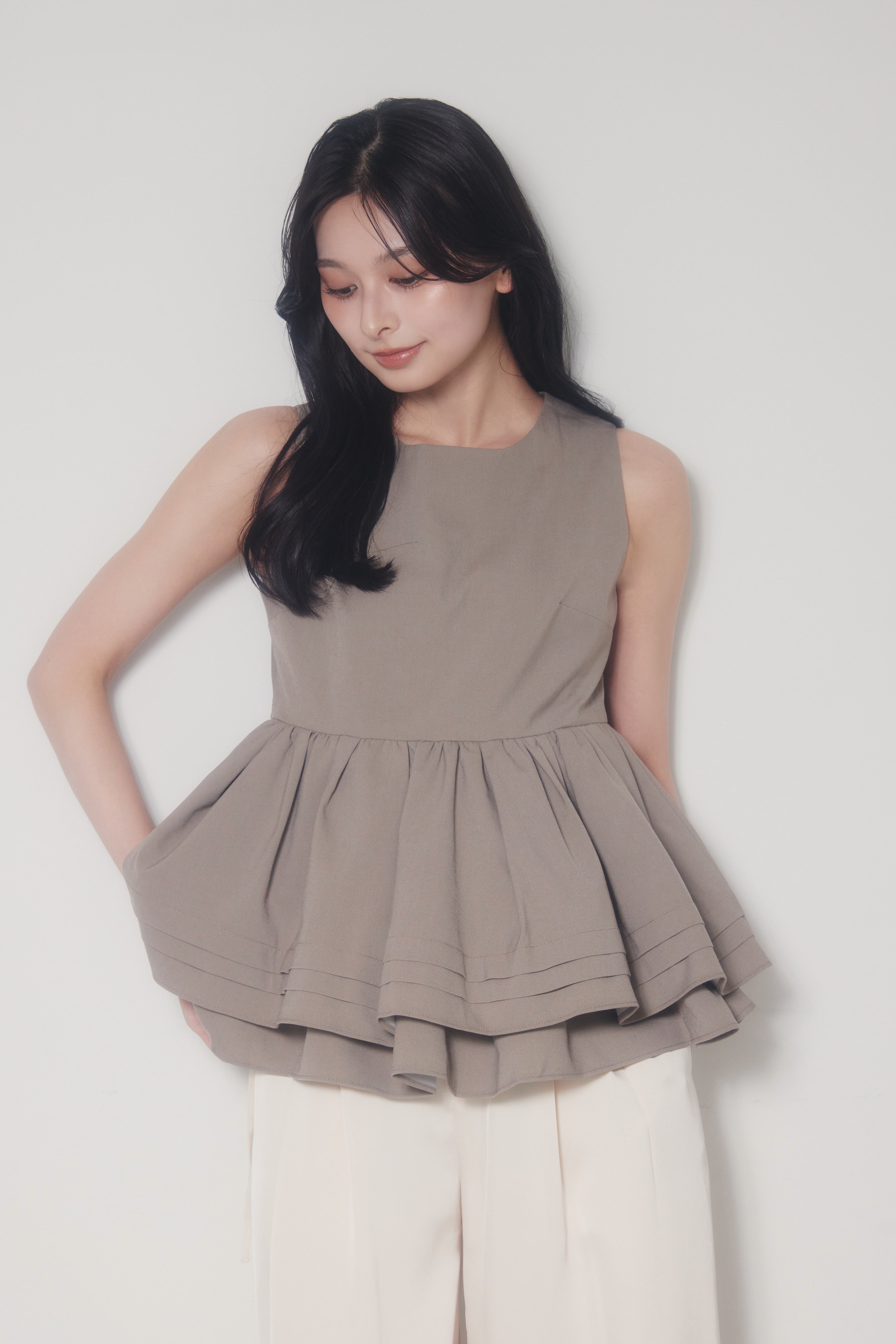 [50%] Double Flare Tuck Peplum Top