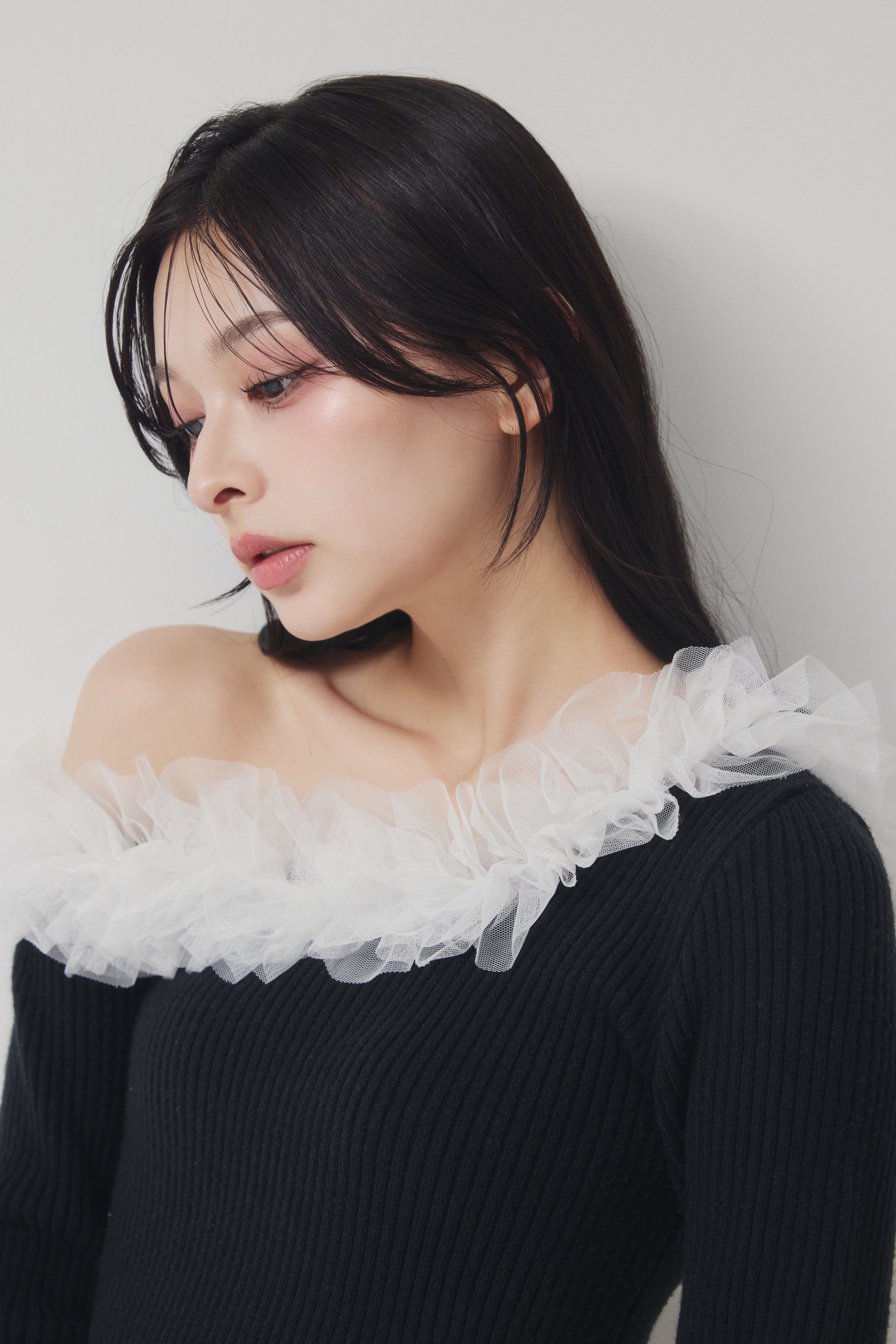 [40%] Asymmetry Tulle Knit Top　