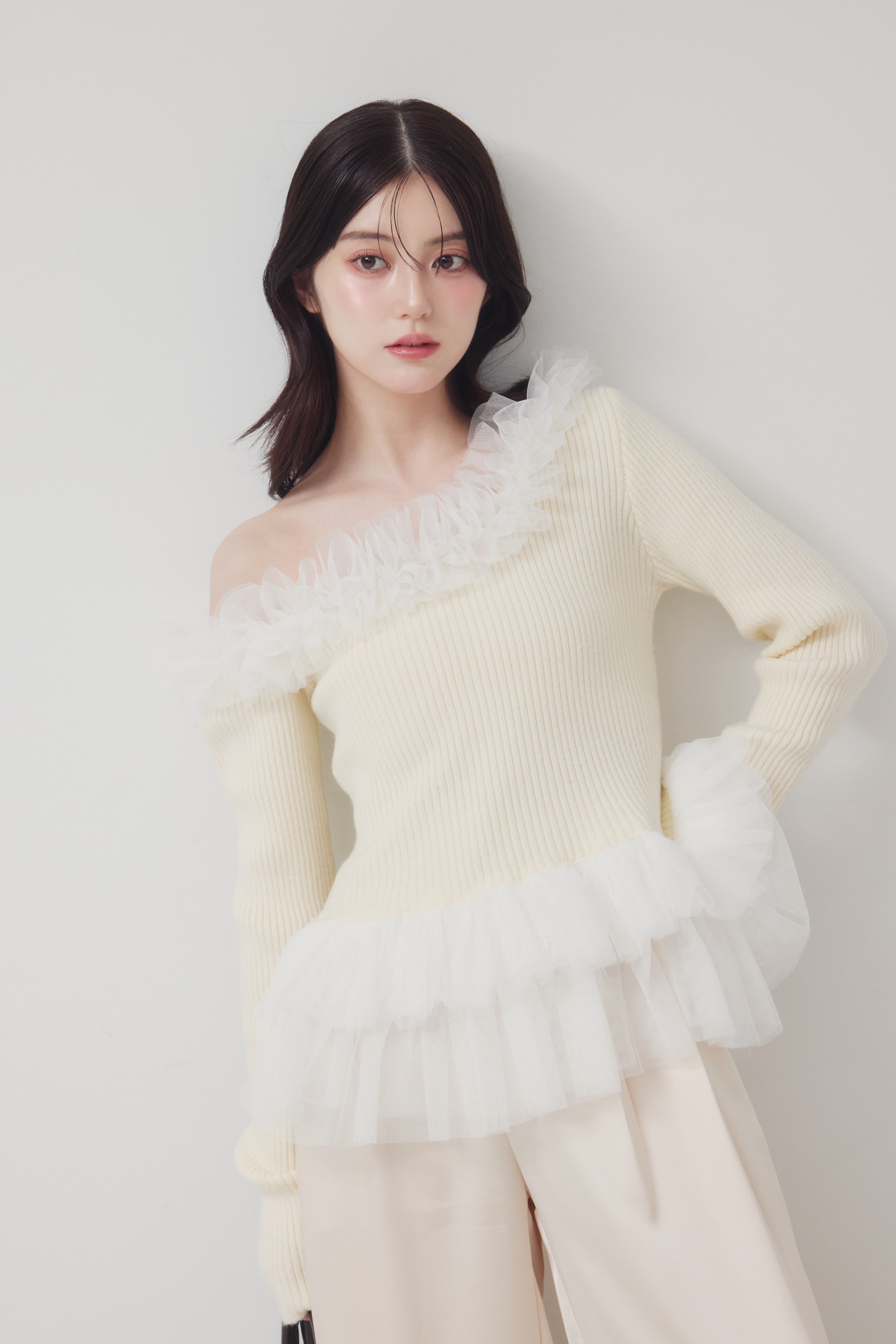 Asymmetry Tulle Knit Top　