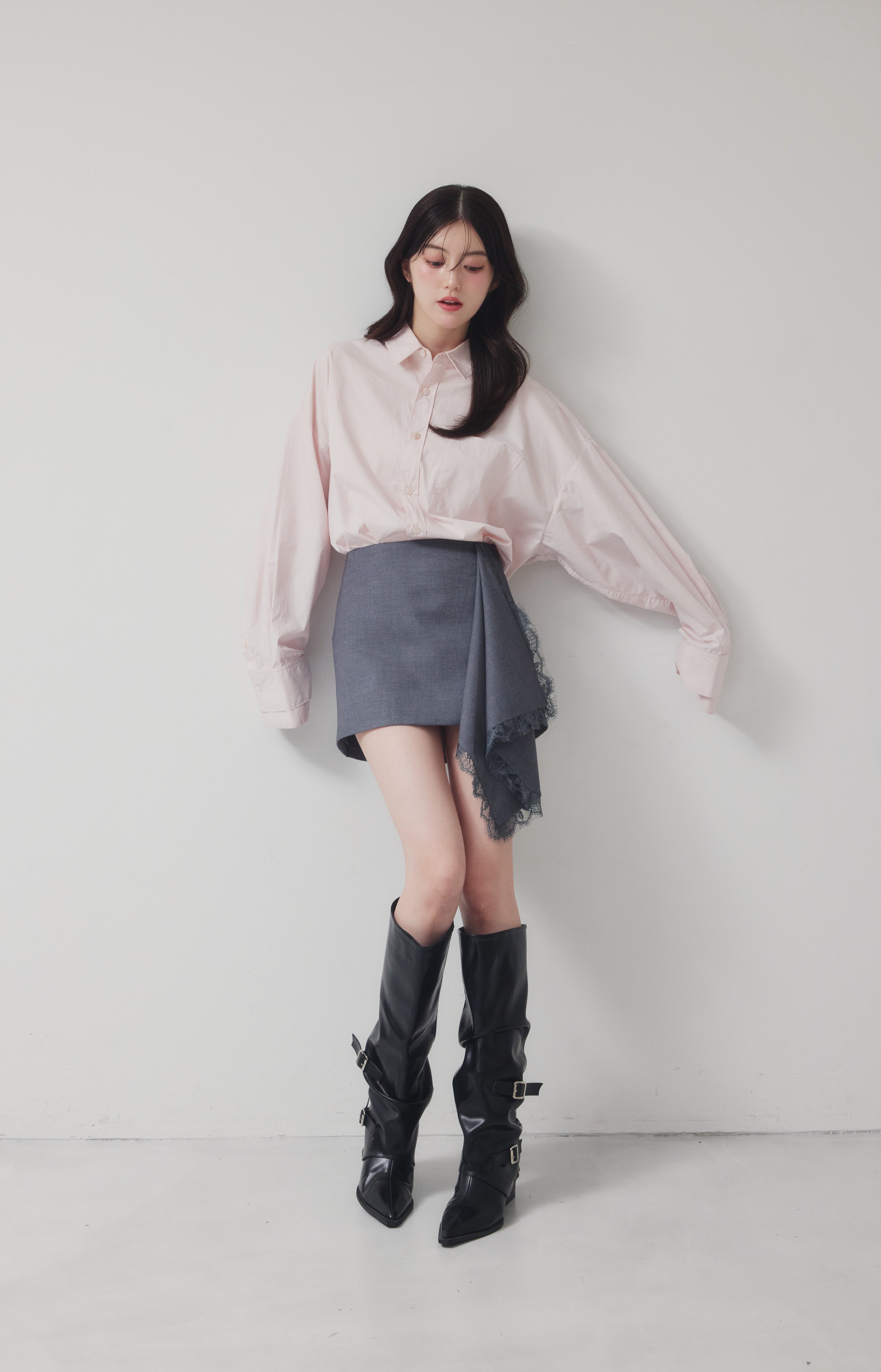 [gift] Asymmetry Lace Drape Mini Skirt